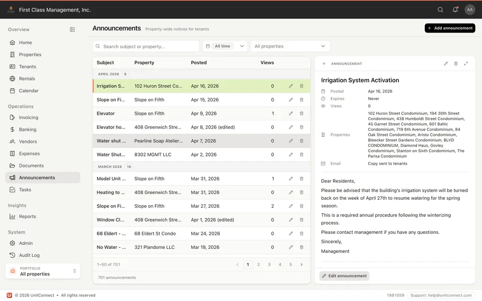 Announcements in UnitConnect