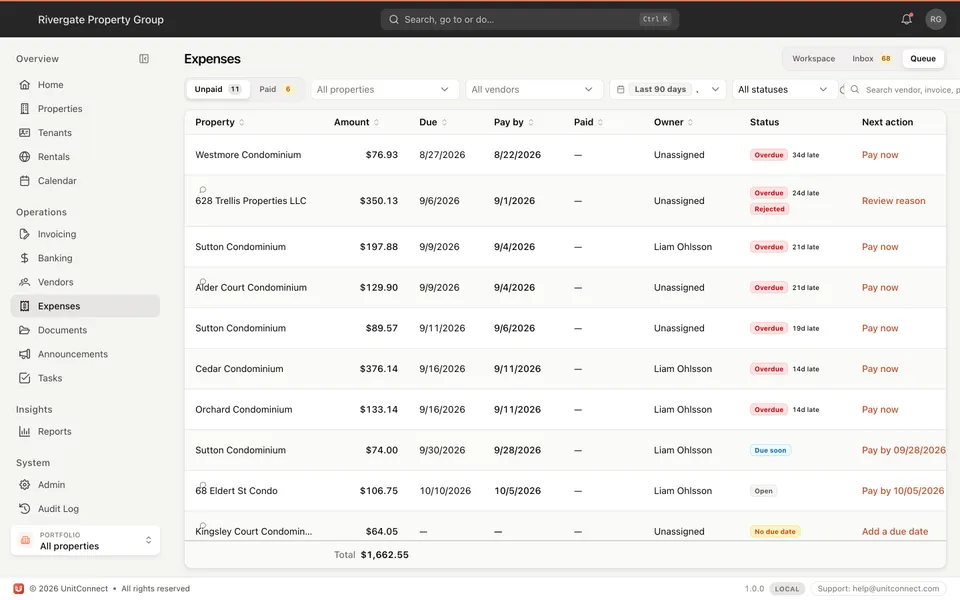 The expenses payment queue in UnitConnect