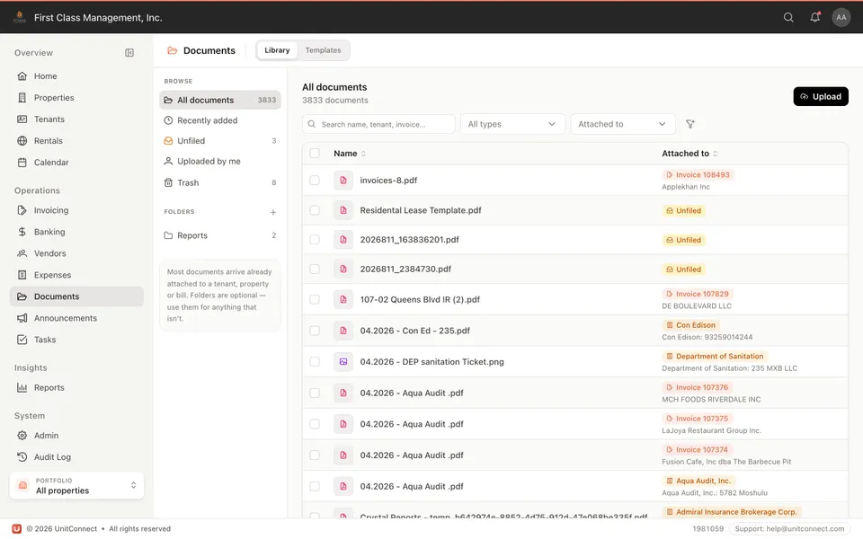 Documents hub in UnitConnect