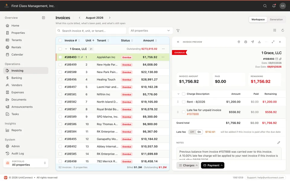 Invoicing in UnitConnect