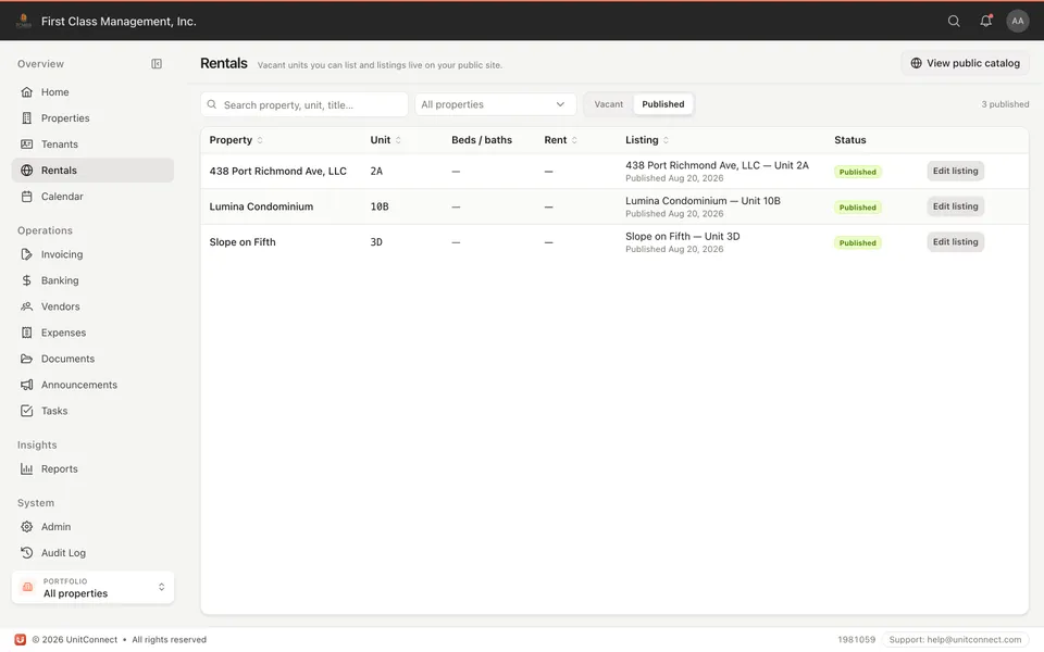 Published rental listings in UnitConnect