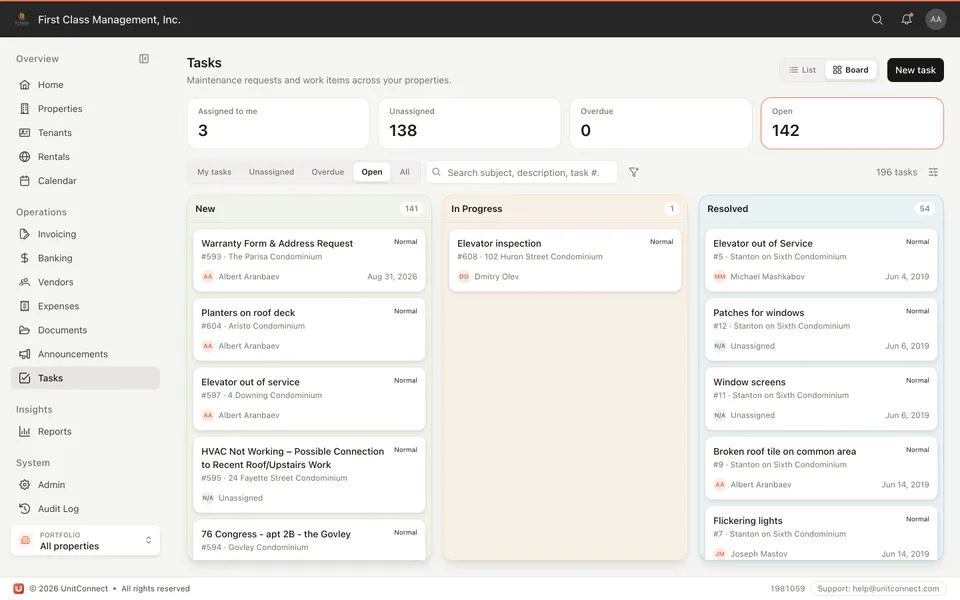 Work requests and tasks in UnitConnect