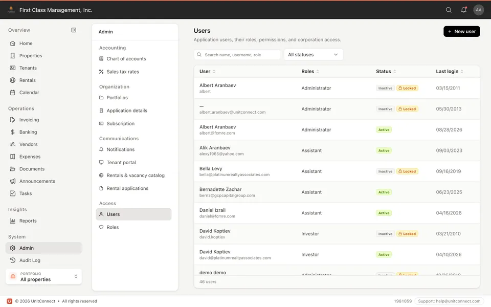Users and roles in UnitConnect