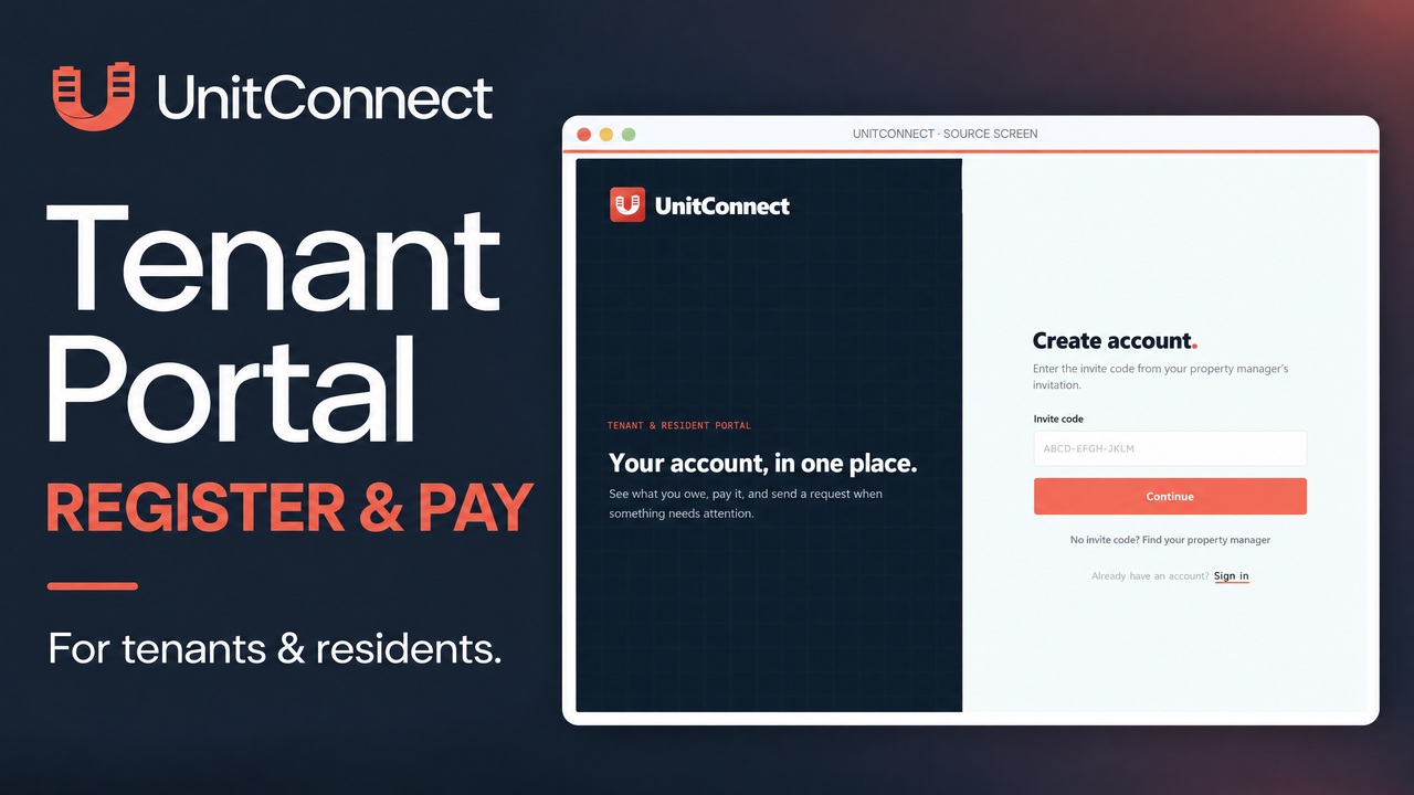 UnitConnect Tenant Portal Register and Pay video guide with the Create account screen on a navy and coral background.