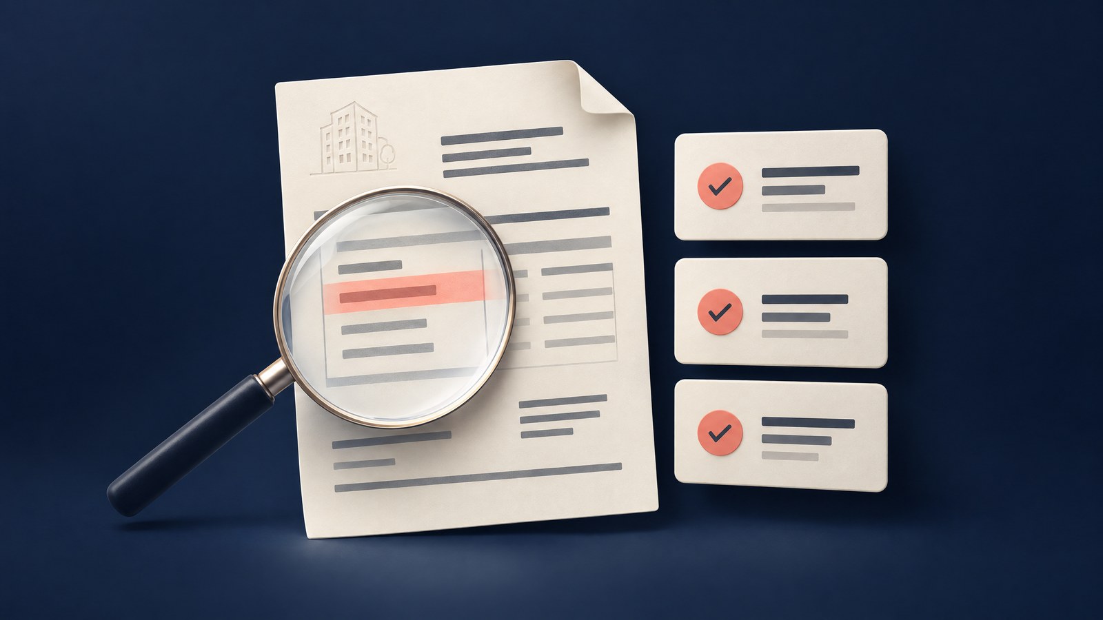 Editorial illustration of a scanned vendor invoice beside review cards and a magnifying glass on a navy background.