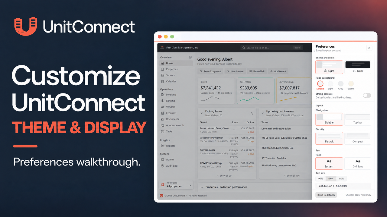 UnitConnect display-preferences walkthrough cover showing the Preferences drawer beside the full dashboard on the approved navy and coral design.