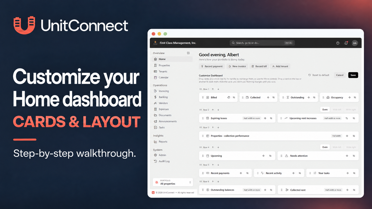 UnitConnect Home dashboard walkthrough cover showing Customize mode with card rows, move and hide controls, width options, Cancel, and Save on a navy and coral design.