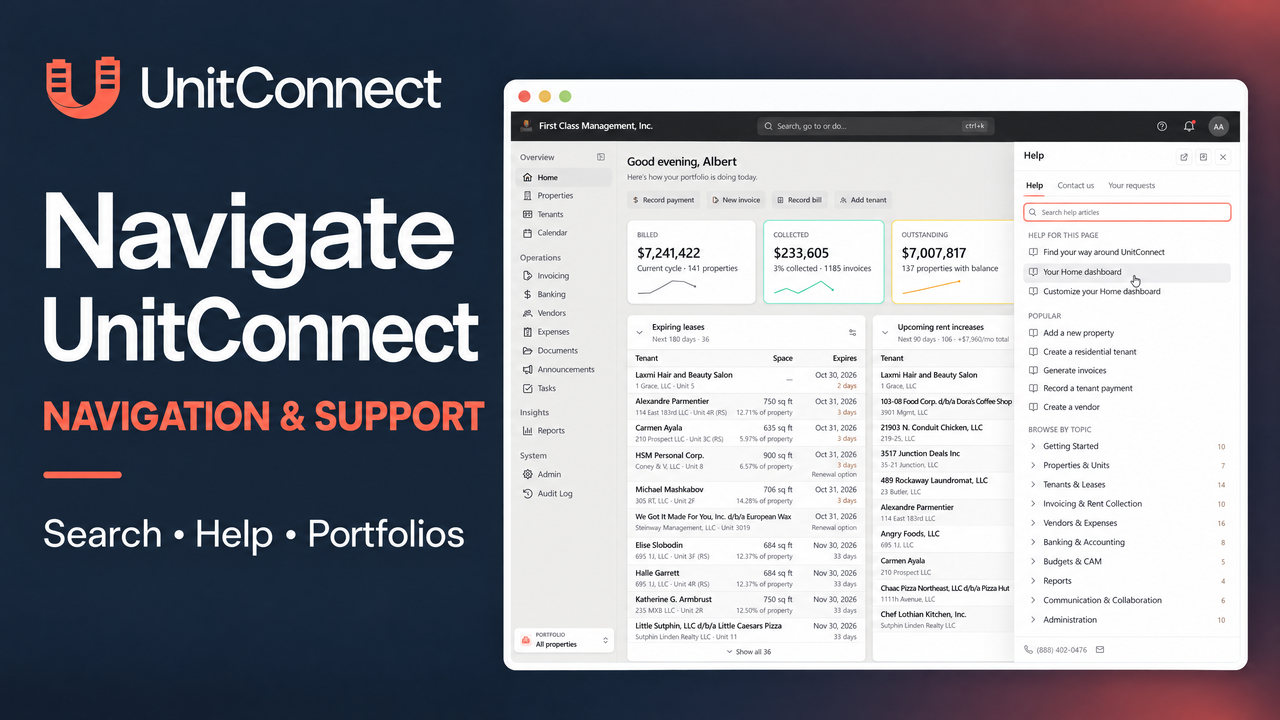 UnitConnect navigation walkthrough cover showing the full Home dashboard, sidebar, header search, Portfolio selector, and open Help panel on a navy and coral design.