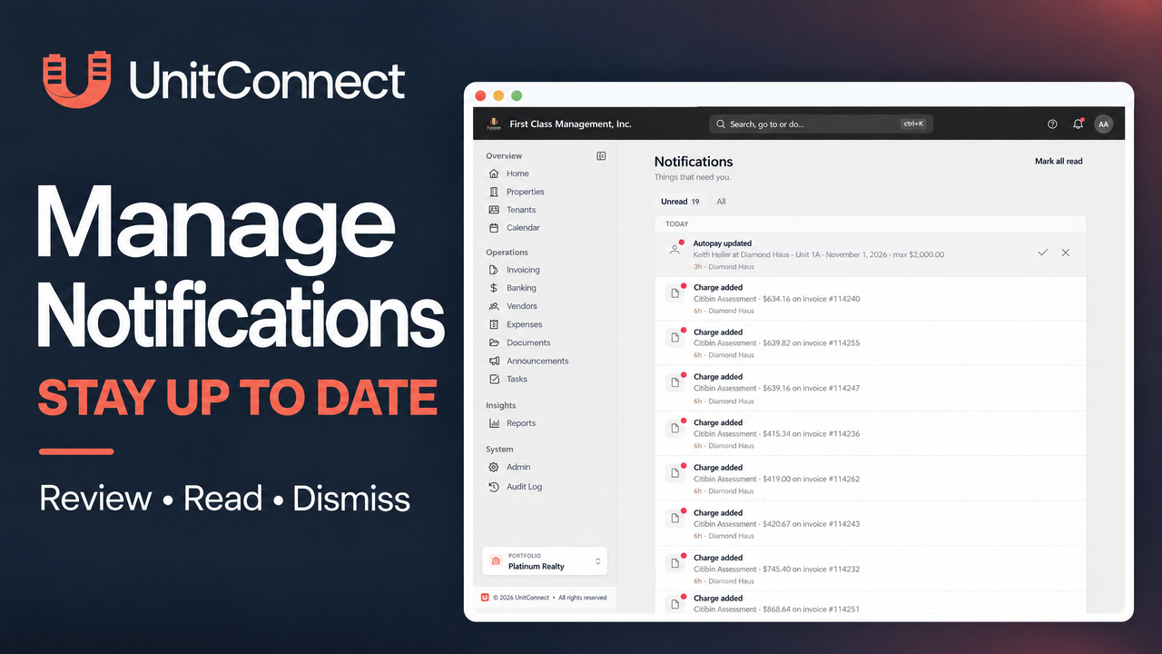 UnitConnect “Manage Notifications” cover with coral-and-white branding and a screenshot of the Notifications page showing Unread and All tabs, red unread dots, charge-added alerts, checkmark and X controls, and Mark all read.