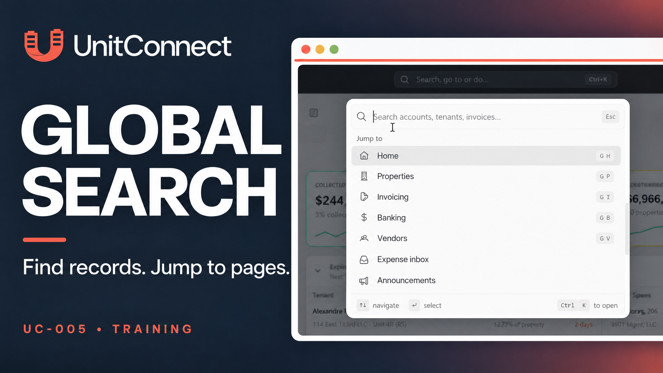 UnitConnect Global Search training graphic showing a command-palette search field and a Jump To menu with Home, Properties, Invoicing, Banking, and Vendors.