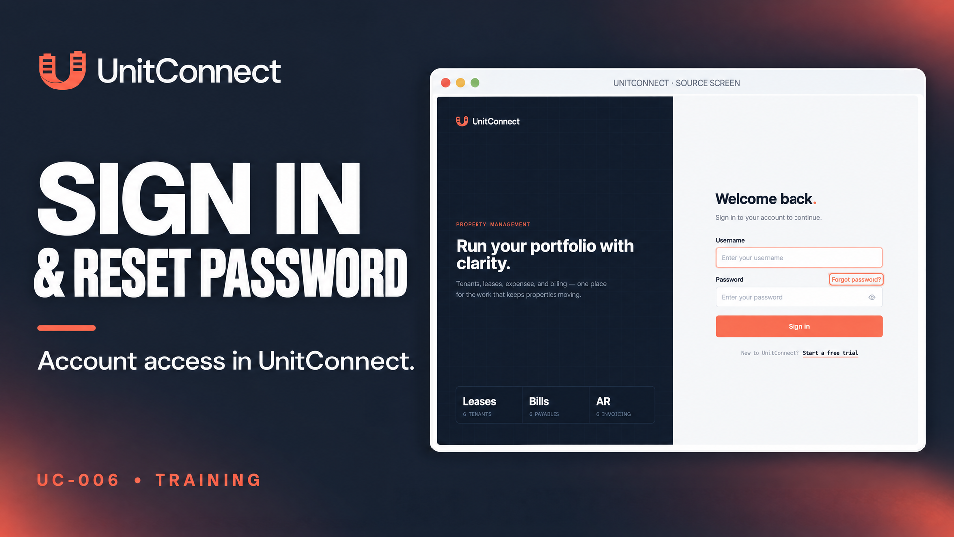 UnitConnect training cover showing the words ‘SIGN IN & RESET PASSWORD’ beside a UnitConnect sign-in screen with Username and Password fields, an eye icon, a Forgot password? link, and a coral Sign in button.