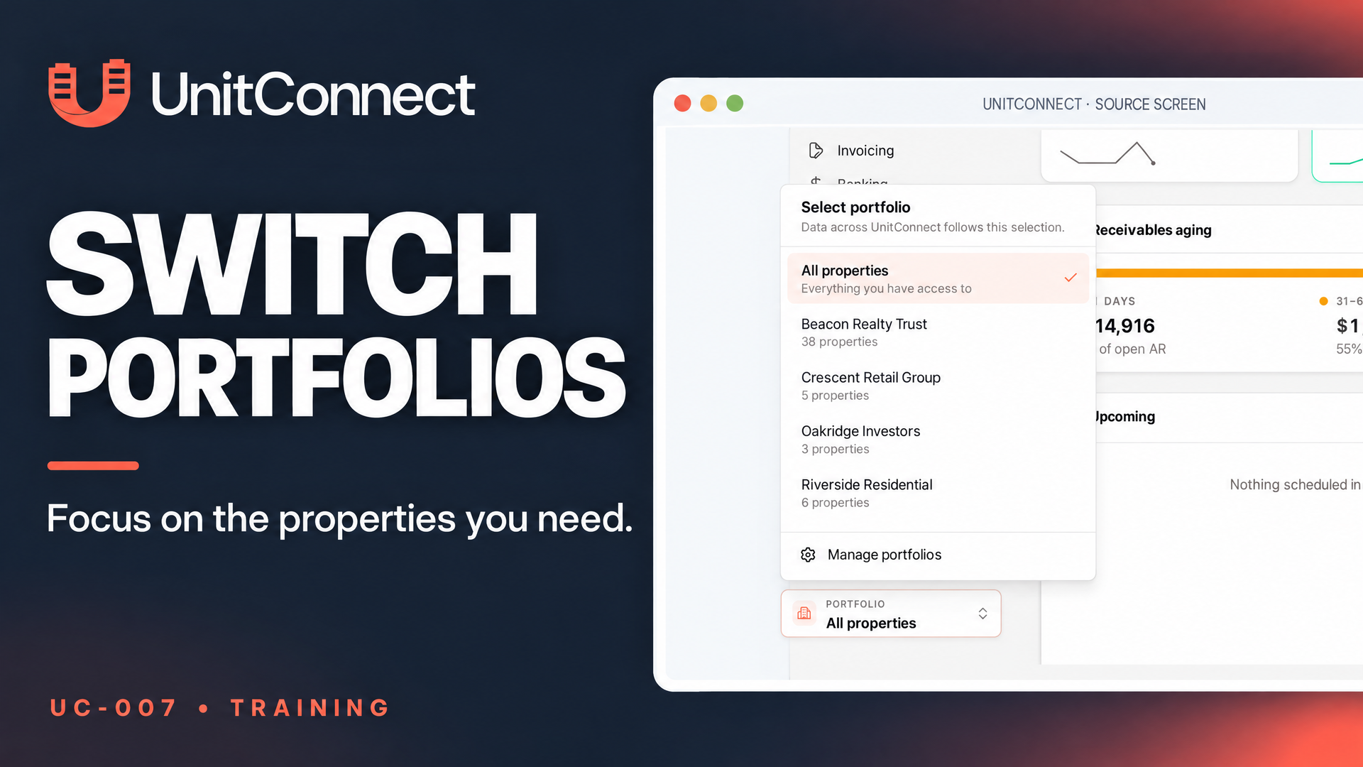 UnitConnect training cover titled ‘Switch Portfolios’ showing a Select portfolio menu over a dashboard, with All properties selected and several named portfolio options listed.