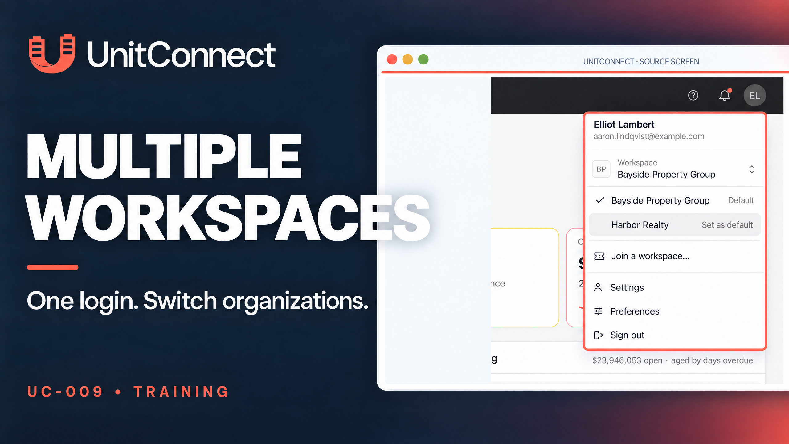 UnitConnect cover graphic reading "Multiple Workspaces - One login. Switch organizations." beside an account menu showing Bayside Property Group as Default, Harbor Realty with Set as default, and Join a workspace.