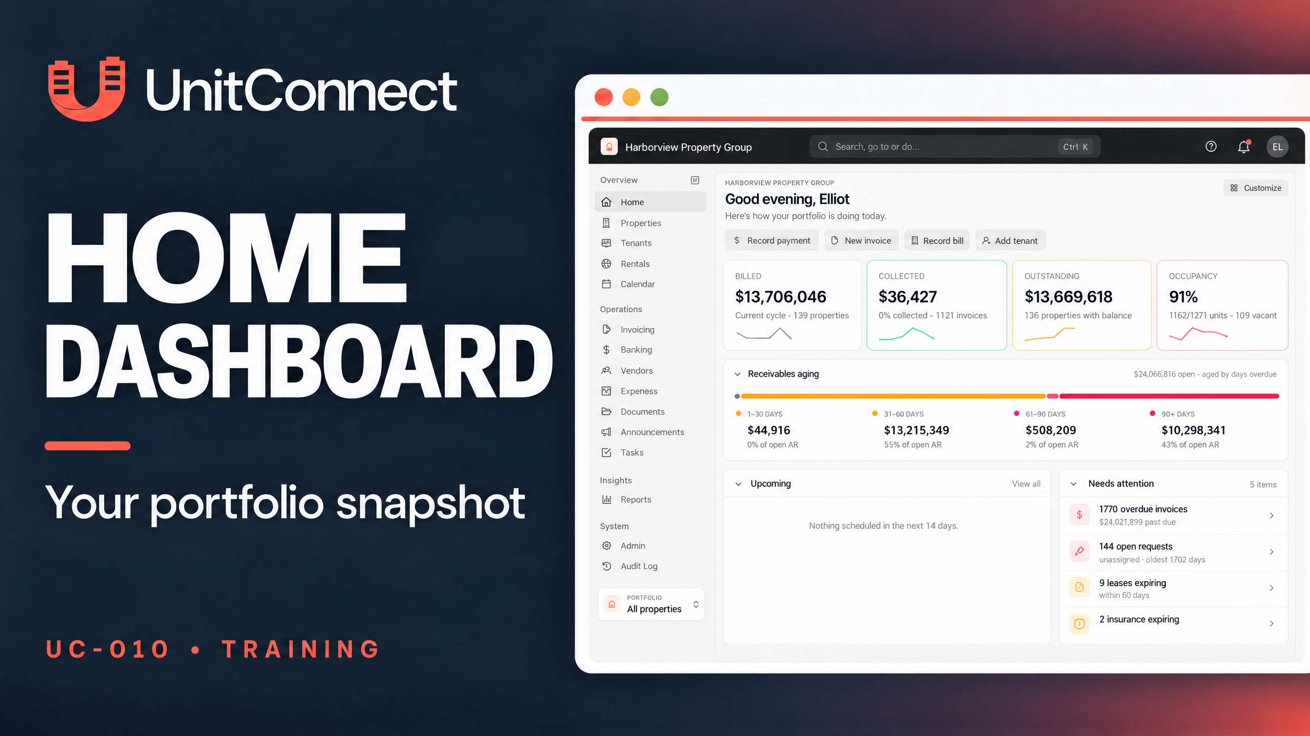 UnitConnect Home Dashboard training cover showing UnitConnect branding, the text ‘HOME DASHBOARD’ and ‘Your portfolio snapshot,’ and a Home screen with Billed, Collected, Outstanding, Occupancy, Receivables aging, Upcoming, and Needs attention cards.